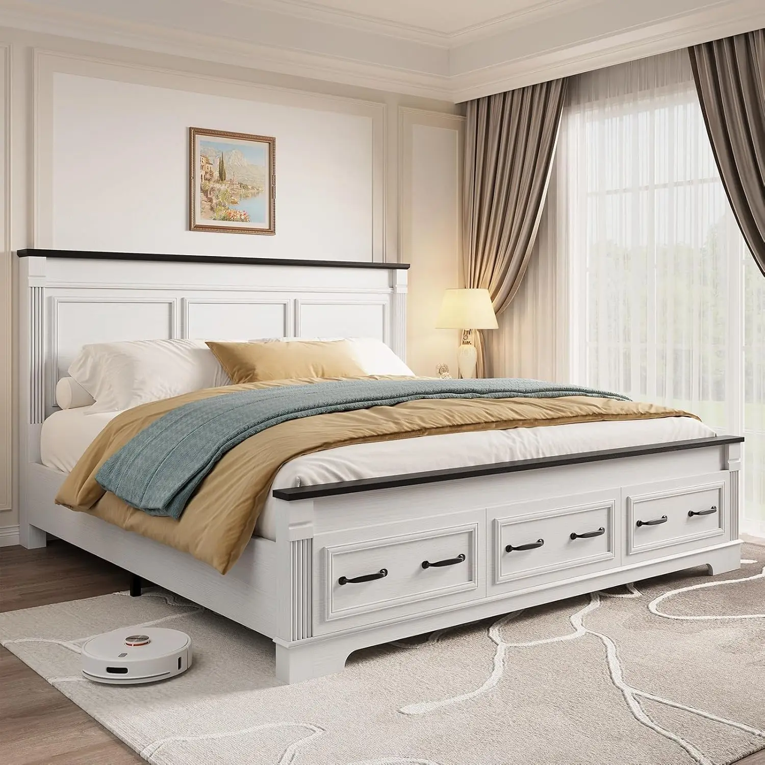 King Size Bed Frame With Storage Drawers - ヘッドボードと収納スペース付きの、農家風のキングサイズベッドフレーム。高さ51インチのヘッドボード、大きな引き出し、ローマ柱の装飾。カスタマイズ可能。