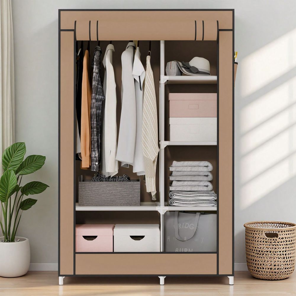 Wardrobe Closet Portable Fabric Cover - 衣類を掛けるためのクローゼット収納、広々とした大容量のポータブルワードローブクローゼット（カバー付き）、6つの収納棚と4つのサイドポケットを備えた頑丈な自立型クローゼット（寝室用）