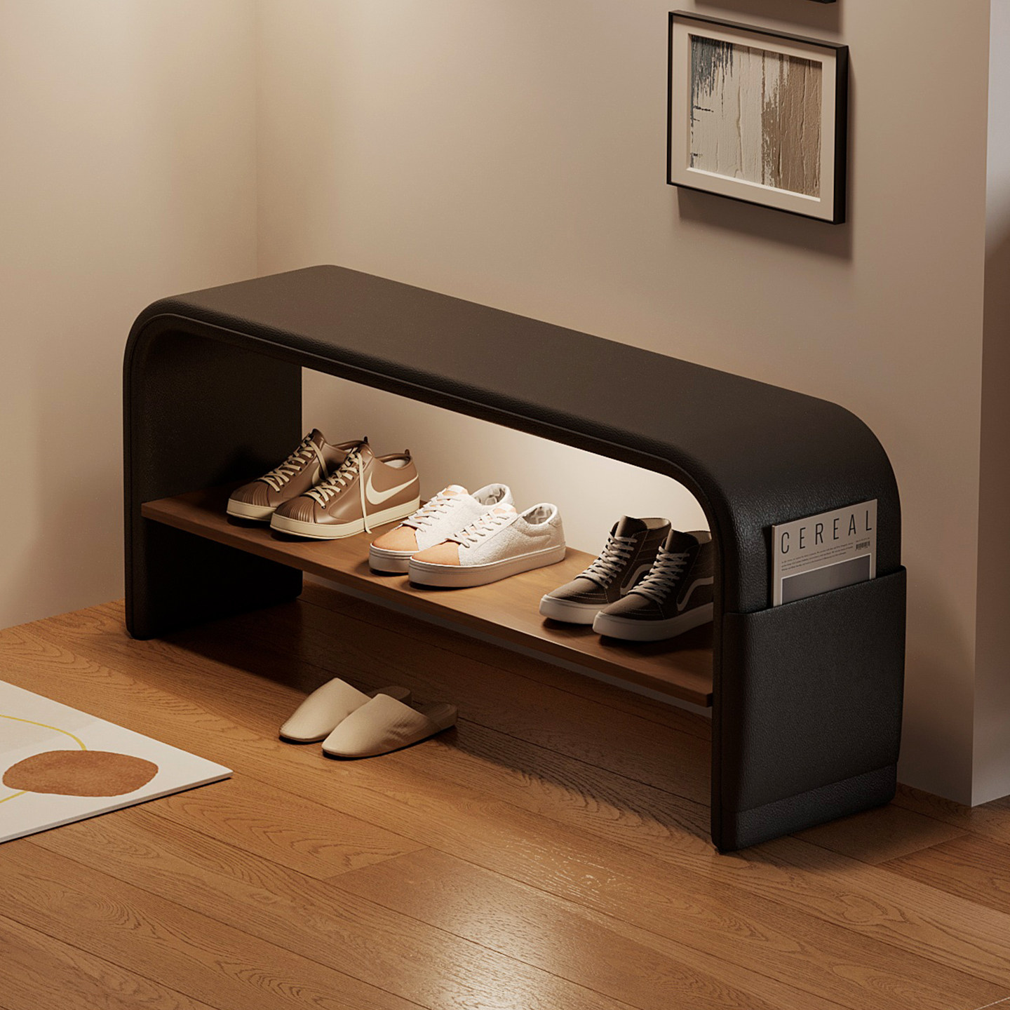 Shoe Rack Cabinet Narrow Entryway - 玄関用の靴収納キャビネットで、靴棚と着替え用のスツールが一体化しており、家庭での使用に適しています。狭い玄関や小さなスペースに最適です。