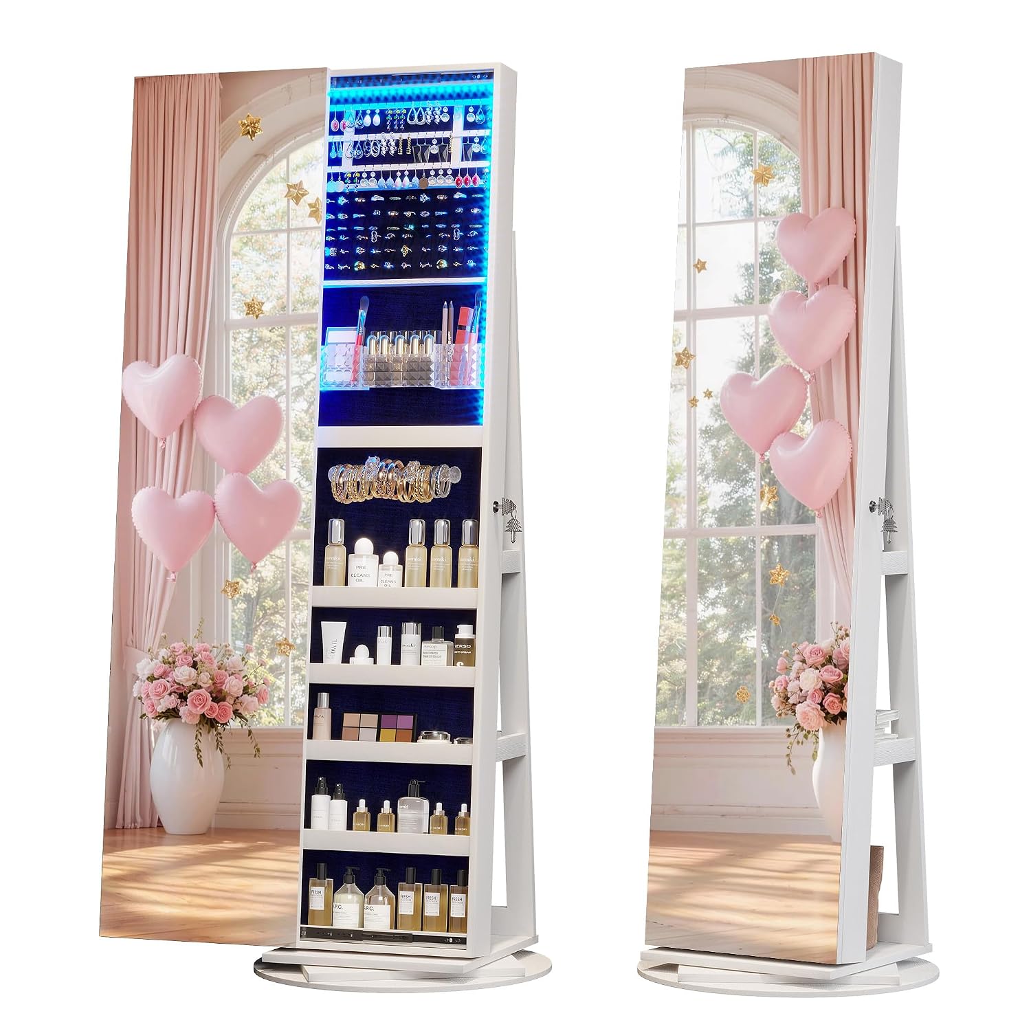Full Length Mirror Jewelry Armoire - 360 ° 照明付きの回転式ジュエリーミラーキャビネット、自立式のジュエリー収納キャビネット、63インチの回転式全身鏡。