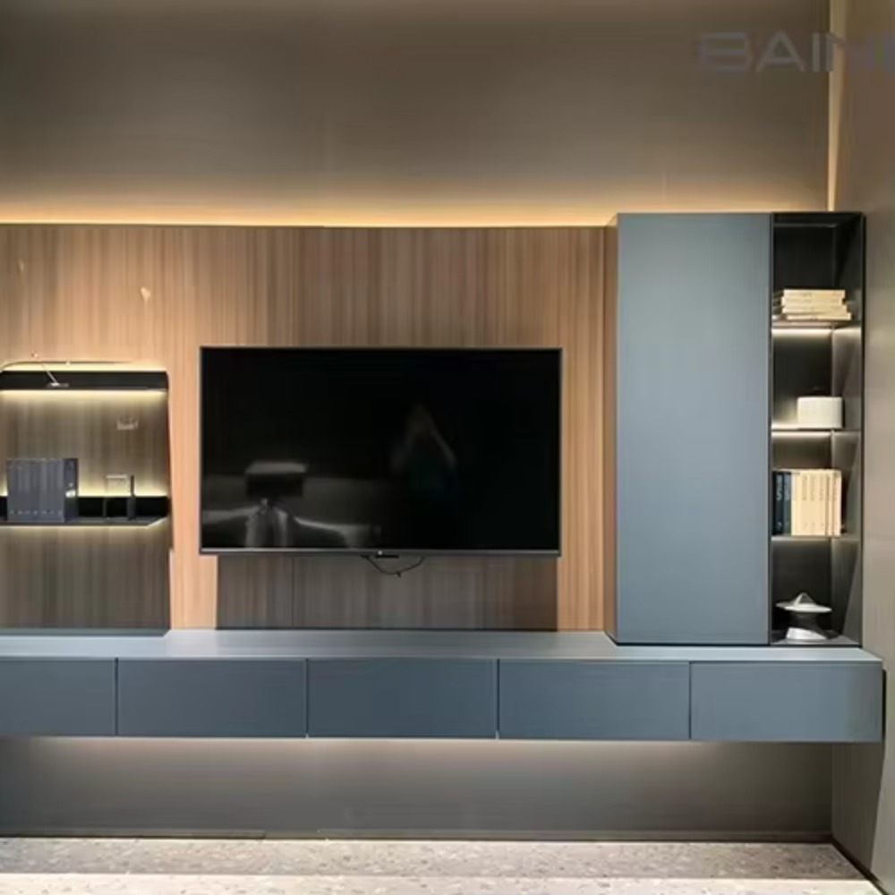 Storage - 48時間無料デザイン モダンデザイン リビングルーム家具 スレート背景壁ユニット 収納付きテレビキャビネット 暖炉付き