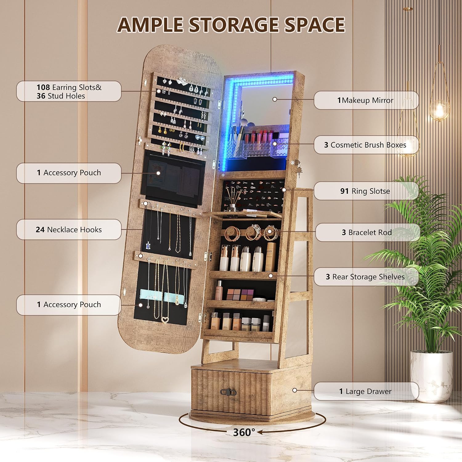 360度回転式ジュエリーアルモアオーガナイザー 全身鏡付き - Full Length Mirror Jewelry Armoire のレビューと価格