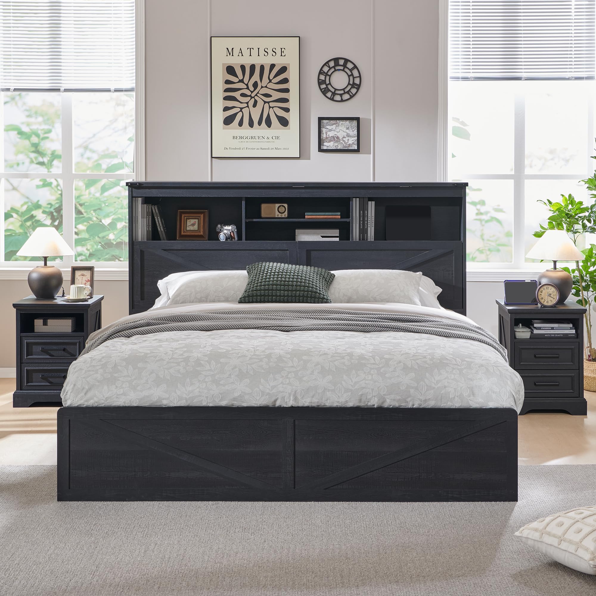 52インチの高さの収納付き本棚と4つの引き出しを備えた、木製 - King Size Bed Frame With Storage Drawers のレビューと価格