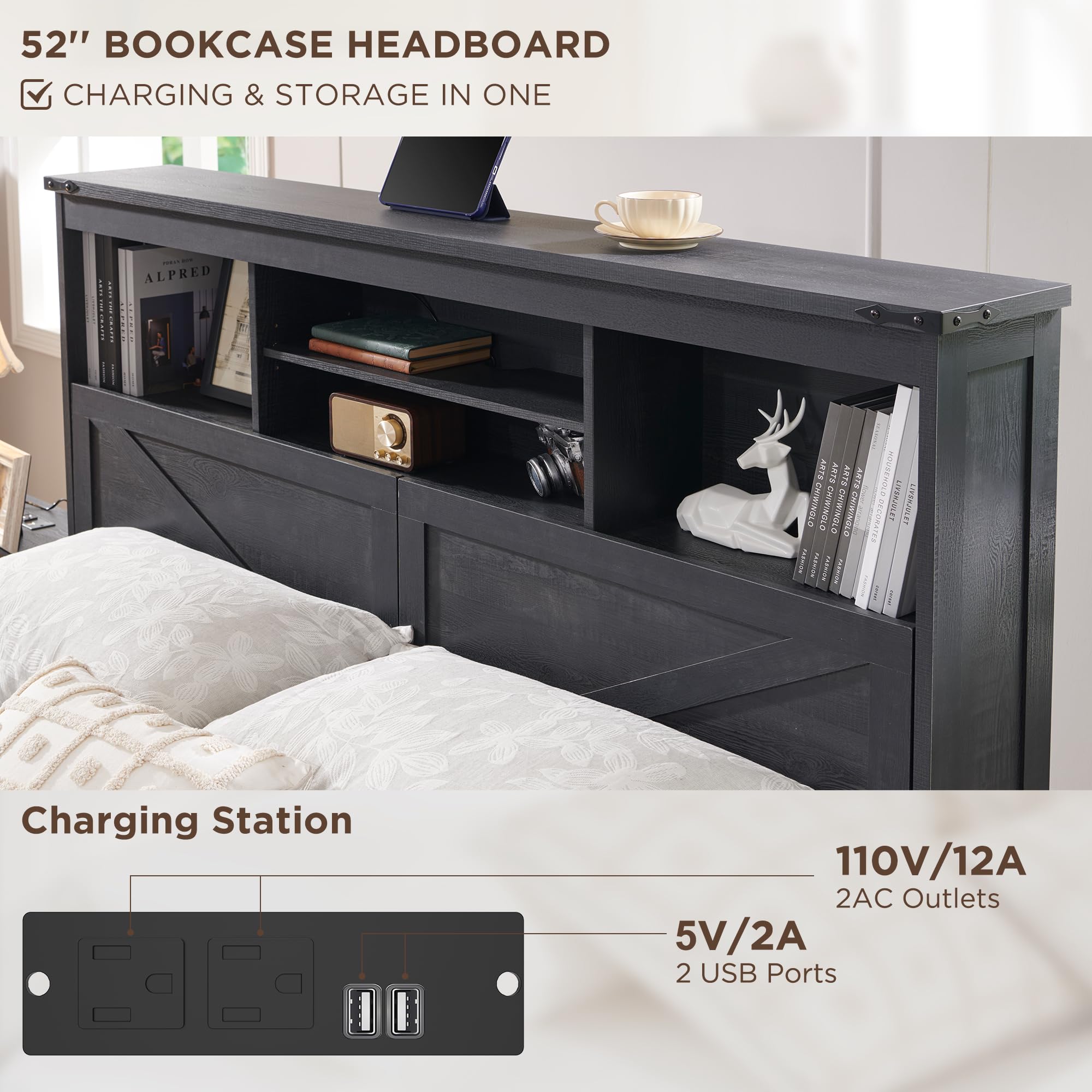 52インチの高さの収納付き本棚と4つの引き出しを備えた、木製 - King Size Bed Frame With Storage Drawers のレビューと価格
