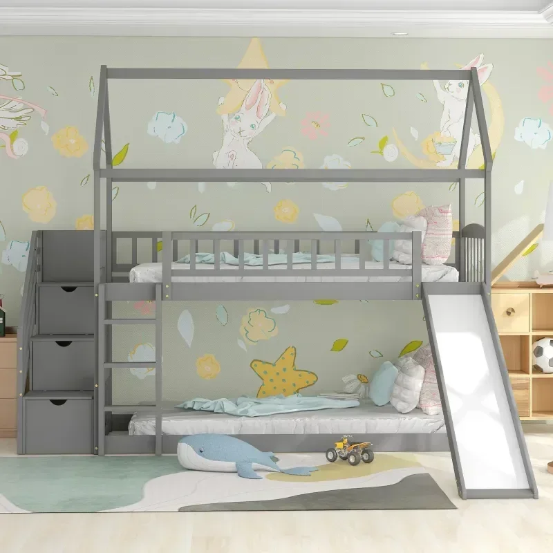 無垢材を使用した子供用二段ベッド。スライドと階段付きの二段ベ - Bunk Bed With Stairs And Slide のレビューと価格