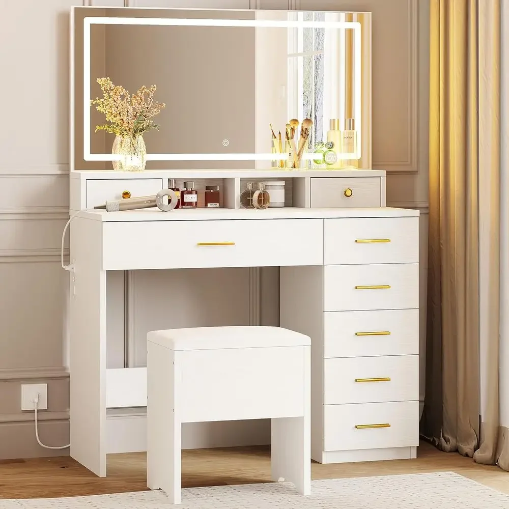 8つの引き出しと大きな鏡が付いたドレッサーテーブル。寝室、更 - Dressing Table Vanity With Lighted Mirror のレビューと価格