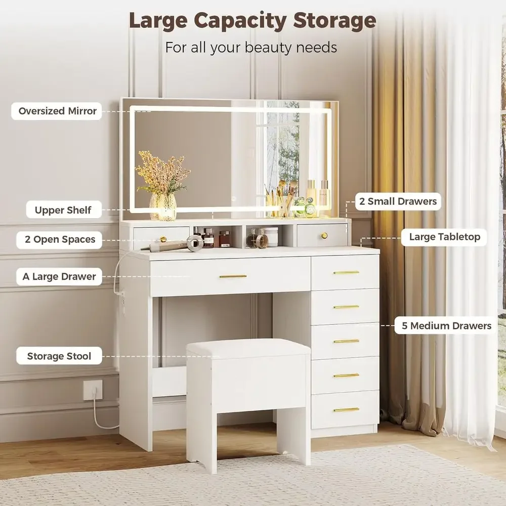 8つの引き出しと大きな鏡が付いたドレッサーテーブル。寝室、更 - Dressing Table Vanity With Lighted Mirror のレビューと価格