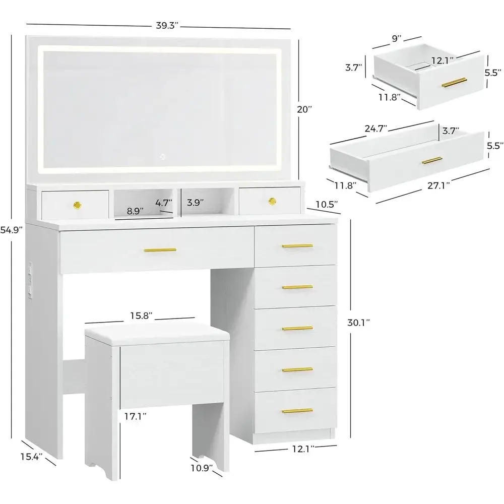 8つの引き出しと大きな鏡が付いたドレッサーテーブル。寝室、更 - Dressing Table Vanity With Lighted Mirror のレビューと価格