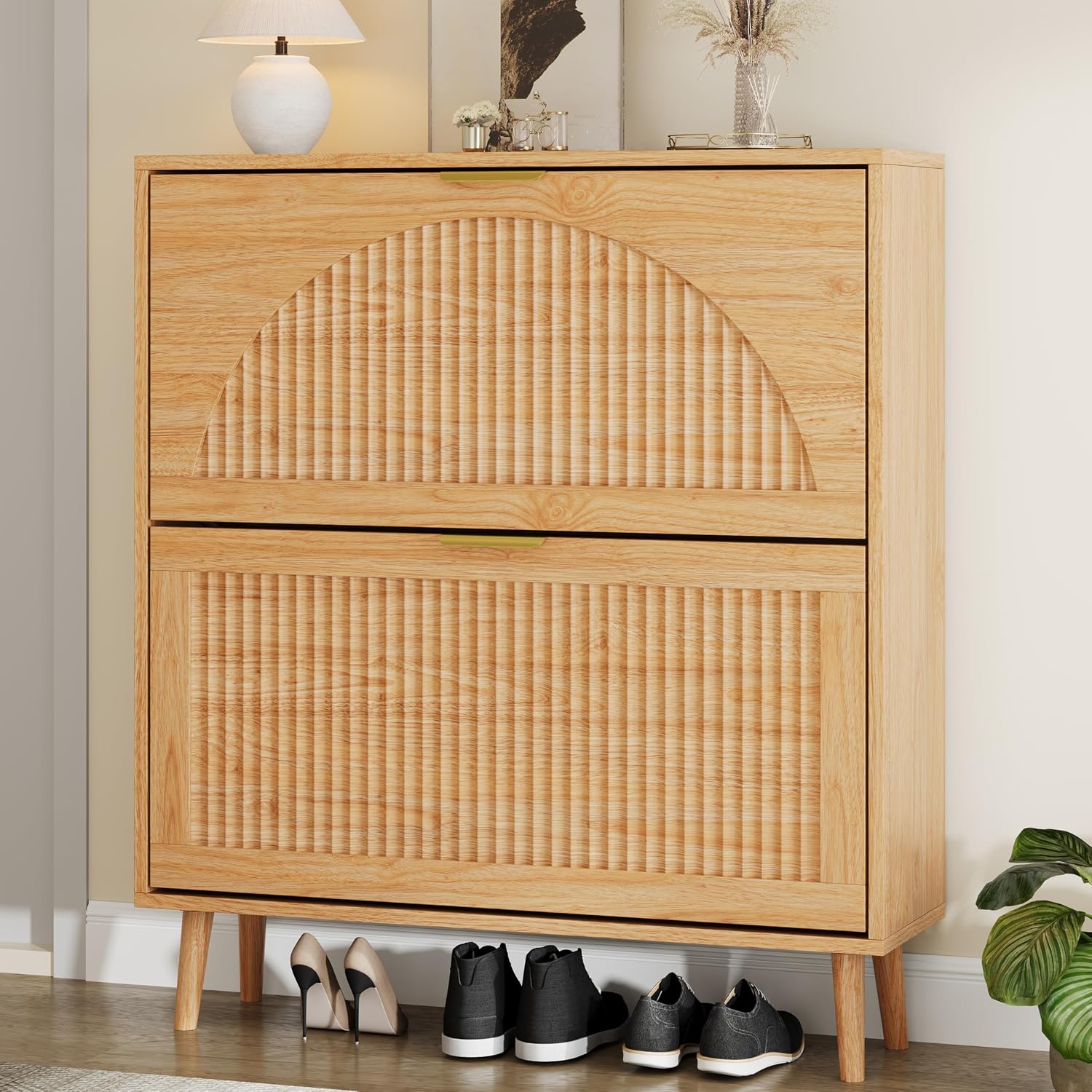 木製の靴箱、2段引き出し付き、スリムな収納ラック、波型パネル - Shoe Rack Cabinet Narrow Entryway のレビューと価格