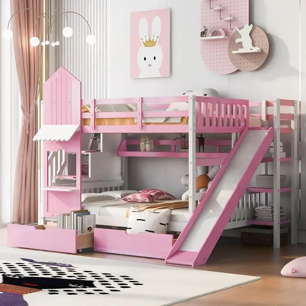 階段、滑り台、収納引き出し付きの子供用二段ベッド。お城風のデ - Bunk Bed With Stairs And Slide のレビューと価格
