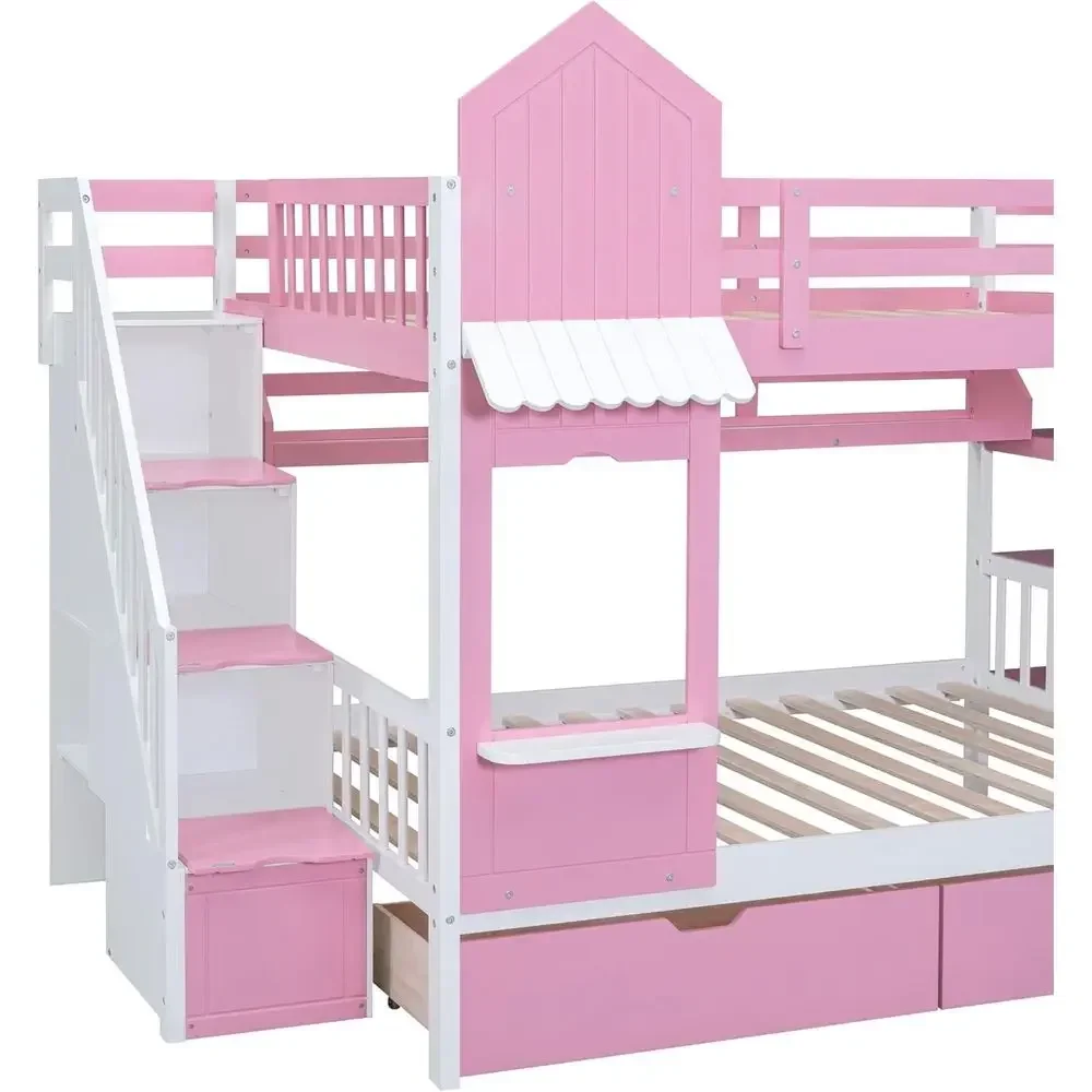 階段、滑り台、収納引き出し付きの子供用二段ベッド。お城風のデ - Bunk Bed With Stairs And Slide のレビューと価格