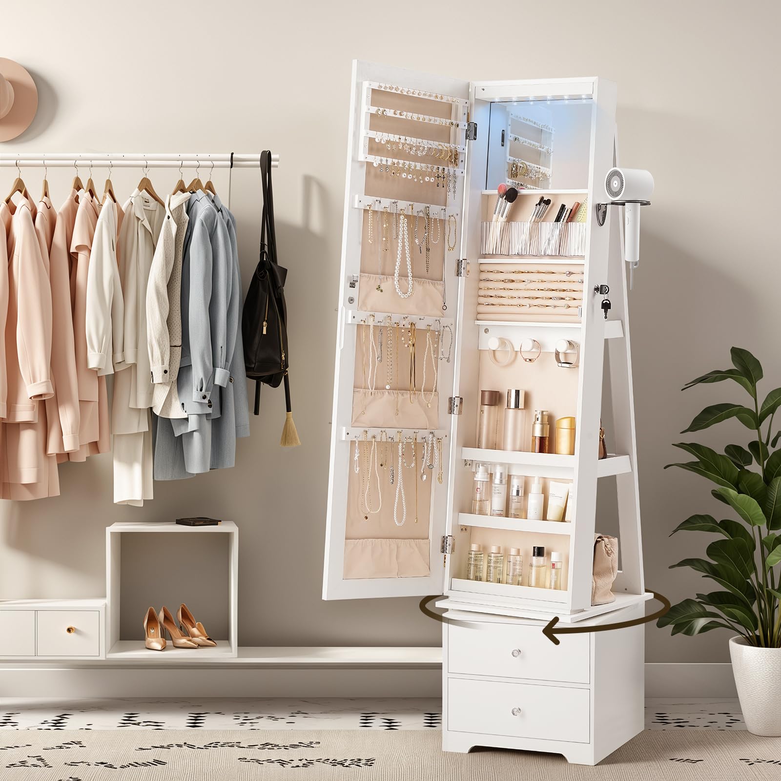 360 °   LEDライト付きの回転式ジュエリーキャビネッ - Full Length Mirror Jewelry Armoire のレビューと価格