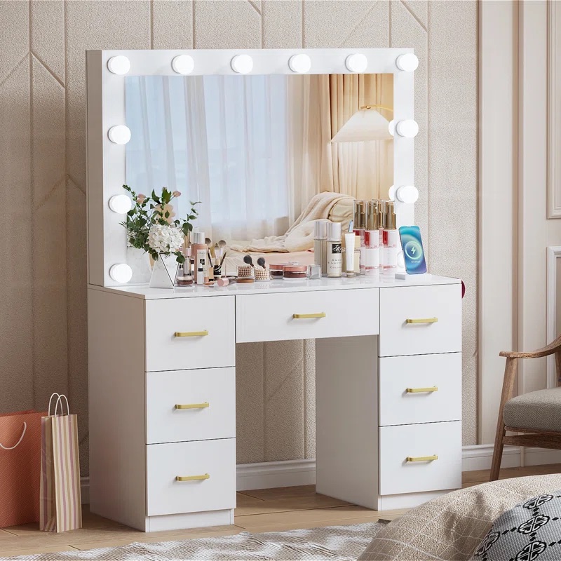 モダンなホワイトライト付きカラーミラー寝室家具ドレッサーセッ - Dressing Table Vanity With Lighted Mirror のレビューと価格