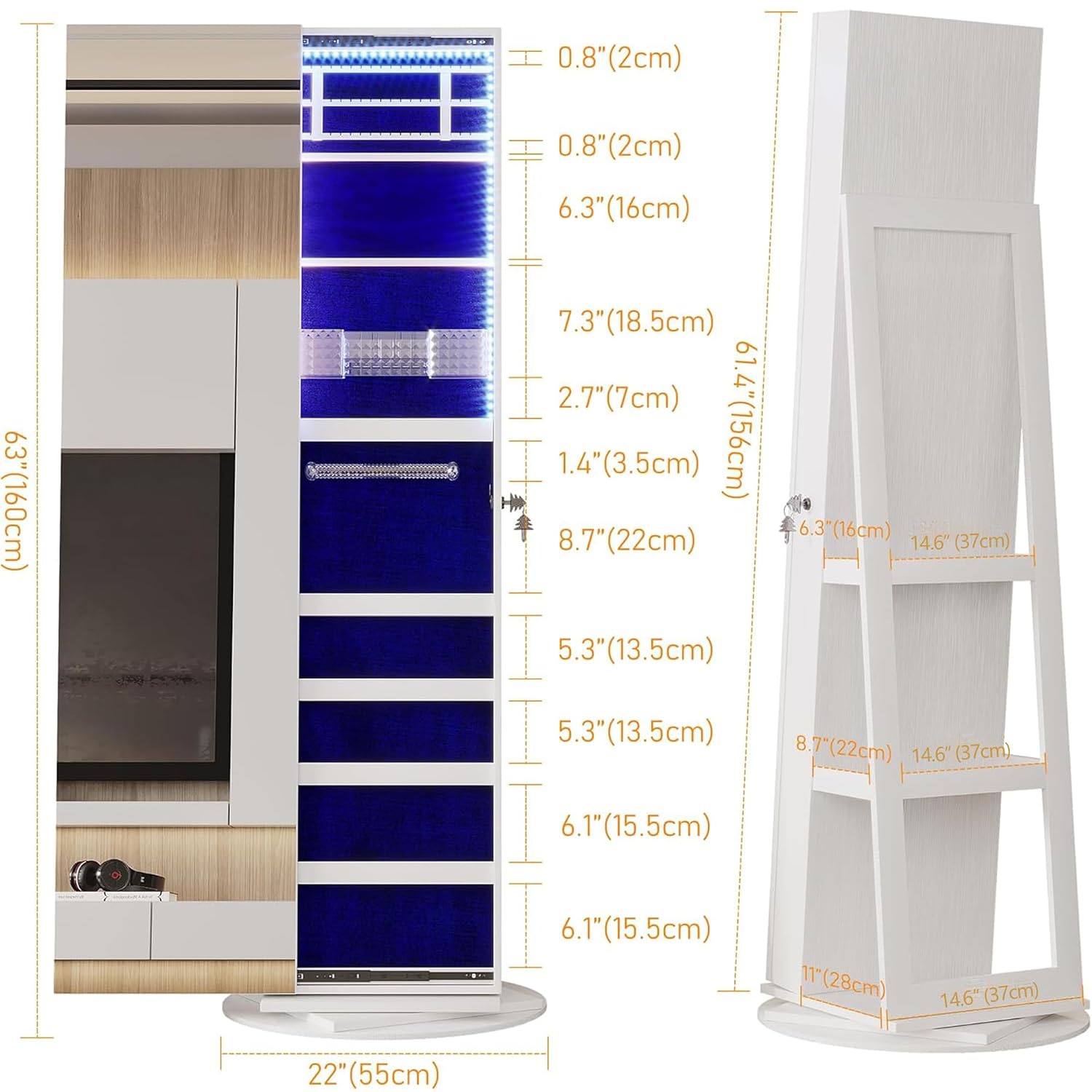 360 °   照明付きの回転式ジュエリーミラーキャビネット - Full Length Mirror Jewelry Armoire のレビューと価格