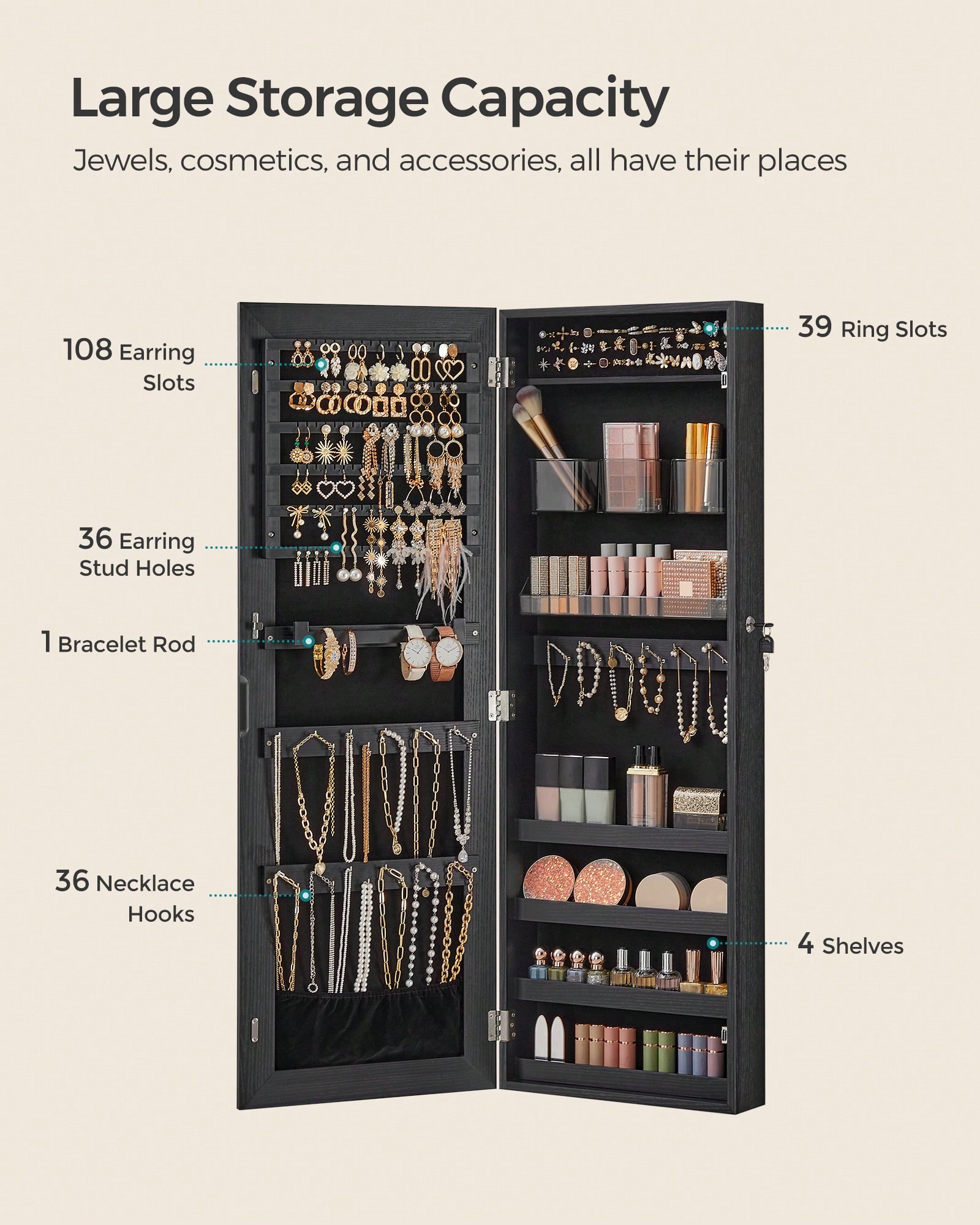 壁掛け式ジュエリーキャビネット、全身鏡と鍵付き、ドア上吊り式 - Full Length Mirror Jewelry Armoire のレビューと価格