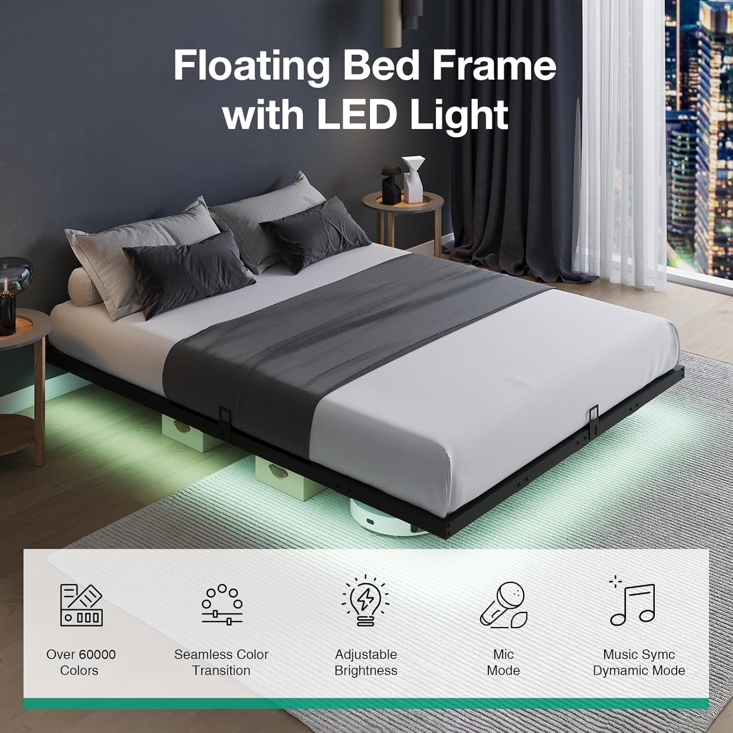LEDライト付きの浮遊式プラットフォームベッドフレーム、モダ - Memory Foam Mattress In A Box Queen のレビューと価格